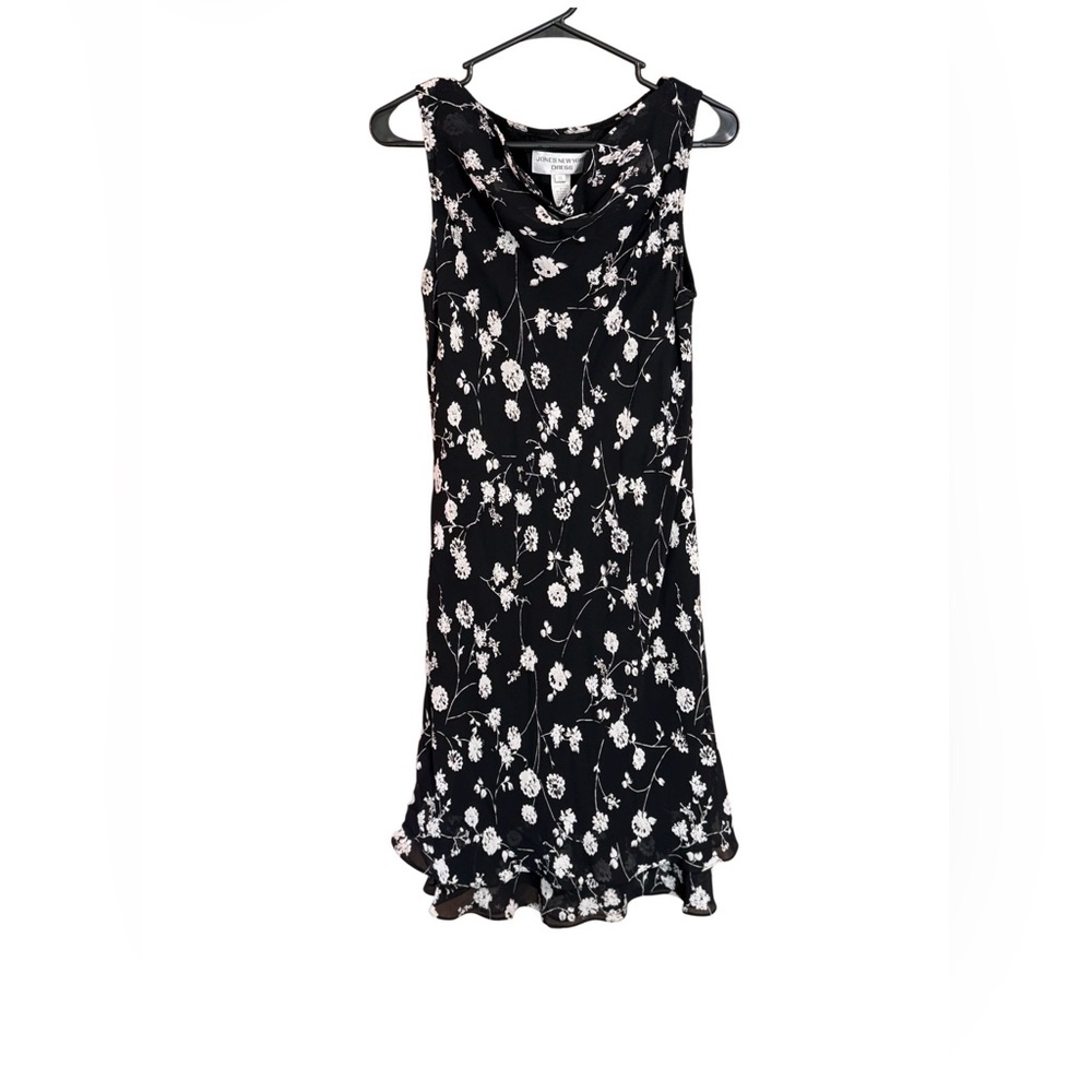 Jones New York Floral Midi Dress Size 14 Black White Sleeveless Ruffle Hem Rayon